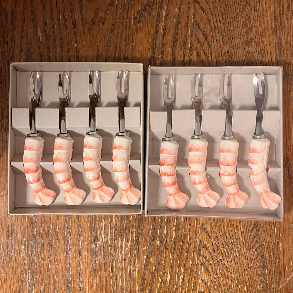 Vintage Stafford Shrimp Porcelain Party Forks 2 Sets of 4